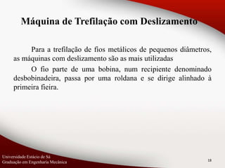 Para a trefilação de fios metálicos de pequenos diâmetros,
as máquinas com deslizamento são as mais utilizadas
O fio parte de uma bobina, num recipiente denominado
desbobinadeira, passa por uma roldana e se dirige alinhado à
primeira fieira.
18
Máquina de Trefilação com Deslizamento
Universidade Estácio de Sá
Graduação em Engenharia Mecânica
 
