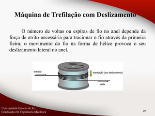 O número de voltas ou espiras de fio no anel depende da
força de atrito necessária para tracionar o fio através da primeira
fieira; o movimento do fio na forma de hélice provoca o seu
deslizamento lateral no anel.
20
Universidade Estácio de Sá
Graduação em Engenharia Mecânica
Máquina de Trefilação com Deslizamento
 