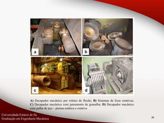 36
Universidade Estácio de Sá
Graduação em Engenharia Mecânica
A) Decapador mecânico por roletes de flexão; B) Sistemas de lixas rotativas;
C) Decapador mecânico com jateamento de granalha; D) Decapador mecânico
com palha de aço – prensa estática e rotativa
 