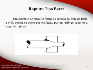 Um acúmulo de metal se forma na entrada do cone da fieira
e o fio rompe-se como por estricção, por um esforço superior a
carga de ruptura.
44
Ruptura Tipo Borra
Universidade Estácio de Sá
Graduação em Engenharia Mecânica
 