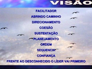 VISÃO FACILITADOR ABRINDO CAMINHO DIRECIONAMENTO COESÃO SUSTENTAÇÃO PLANEJAMENTO ORDEM SEQUENCIA CONFIANÇA FRENTE AO DESCONHECIDO O LÍDER VAI PRIMEIRO 
