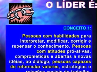 O LÍDER É: CONCEITO 1: Pessoas com habilidades  para interpretar, modificar, corrigir e repensar o conhecimento.  Pessoas com atitudes  pró-ativas, comprometidas e abertas a novas idéias, ao diálogo,  pessoas capazes de reformular valores , estratégias e relações sociais de trabalho. 