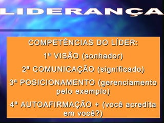 LIDERANÇA COMPETÊNCIAS DO LÍDER: 1ª VISÃO (sonhador) 2ª COMUNICAÇÃO (significado) 3ª POSICIONAMENTO (gerenciamento pelo exemplo) 4ª AUTOAFIRMAÇÃO + (você acredita em você?) 