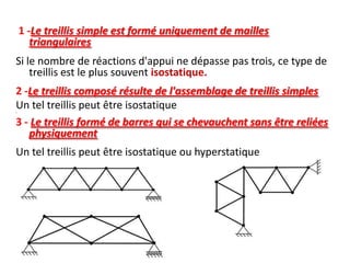 1 -Le treillis simple est formé uniquement de mailles
triangulaires
Si le nombre de réactions d'appui ne dépasse pas trois, ce type de
treillis est le plus souvent isostatique.
2 -Le treillis composé résulte de l'assemblage de treillis simples
Un tel treillis peut être isostatique
3 - Le treillis formé de barres qui se chevauchent sans être reliées
physiquement
•

Un tel treillis peut être isostatique ou hyperstatique

.

 