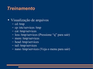 Treinamento Visualização de arquivos cd /tmp cp /etc/services /tmp cat /tmp/services less /tmp/services (Pressione “q” para sair) more /tmp/services head /tmp/services tail /tmp/services nano /tmp/services (Veja o menu para sair) 