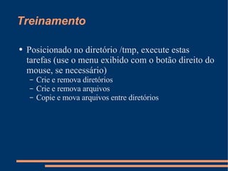 Treinamento Posicionado no diretório /tmp, execute estas tarefas (use o menu exibido com o botão direito do mouse, se necessário) Crie e remova diretórios Crie e remova arquivos Copie e mova arquivos entre diretórios 