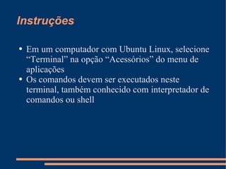 Instruções Em um computador com Ubuntu Linux, selecione “Terminal” na opção “Acessórios” do menu de aplicações Os comandos devem ser executados neste terminal, também conhecido com interpretador de comandos ou shell 