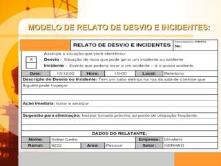 MODELO DE RELATO DE DESVIO E INCIDENTES: 