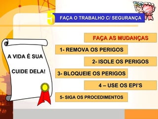 A VIDA É SUA CUIDE DELA! FAÇA O TRABALHO C/ SEGURANÇA FAÇA AS MUDANÇAS 1- REMOVA OS PERIGOS 2- ISOLE OS PERIGOS 3- BLOQUEIE OS PERIGOS 4 – USE OS EPI’S 5- SIGA OS PROCEDIMENTOS 