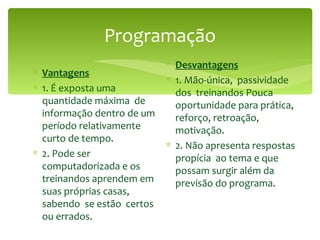 Programação Vantagens 1. É exposta uma quantidade máxima  de informação dentro de um período relativamente curto de tempo. 2. Pode ser computadorizada e os treinandos aprendem em suas próprias casas, sabendo  se estão  certos  ou errados. Desvantagens 1. Mão-única,  passividade dos  treinandos Pouca oportunidade para prática, reforço, retroação, motivação. 2. Não apresenta respostas  propícia  ao tema e que possam surgir além da previsão do programa. 