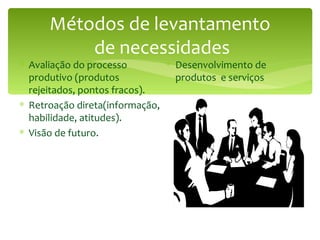 Métodos de levantamento  de necessidades Avaliação do processo produtivo (produtos rejeitados, pontos fracos). Retroação direta(informação, habilidade, atitudes). Visão de futuro. Desenvolvimento de produtos  e serviços 