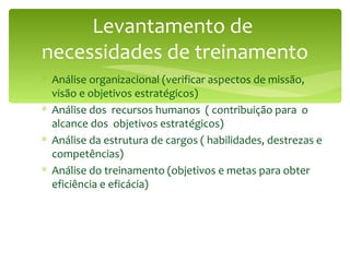 Levantamento de  necessidades de treinamento Análise organizacional (verificar aspectos de missão, visão e objetivos estratégicos) Análise dos  recursos humanos  ( contribuição para  o alcance dos  objetivos estratégicos) Análise da estrutura de cargos ( habilidades, destrezas e competências) Análise do treinamento (objetivos e metas para obter eficiência e eficácia) 