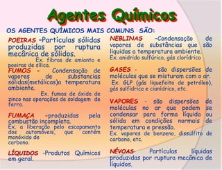 Agentes Químicos
OS AGENTES QUÍMICOS MAIS COMUNS SÃO:
NEBLINAS
–Condensação
de
POEIRAS –Partículas sólidas
produzidas por ruptura vapores de substâncias que são
liquidas a temperatura ambiente.
mecânica de sólidos.
Ex. fibras de amianto e
poeiras de sílica.

FUMOS Condensação de
vapores
de
substancias
sólidas(metálicas)a temperatura
ambiente.
Ex. fumos de óxido de
zinco nas operações de soldagem de
ferro.

FUMAÇA
-produzidas
combustão incompleta.

pela

Ex. a liberação pelo escapamento
dos
automóveis,
que
contém
monóxido de
carbono.

LÍQUIDOS -Produtos Químicos

em geral.

Ex. anidrido sulfúrico, gás clorídrico

GASES são dispersões de
moléculas que se misturam com o ar.
Ex. GLP (gás liquefeito de petróleo),
gás sulfídrico e cianídrico, etc.

VAPORES - são dispersões
moléculas no ar que podem
condensar para forma líquida
sólida em condições normais
temperatura e pressão.

de
se
ou
de

Ex. vapores de benzeno, dissulfito de
carbono, etc.

Partículas
líquidas
produzidas por ruptura mecânica de
líquidos.
NÉVOAS-

 