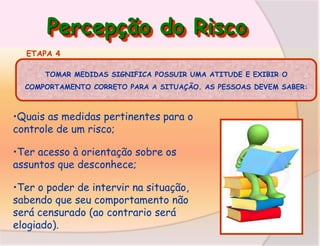 Percepção do Risco
ETAPA 4
TOMAR MEDIDAS SIGNIFICA POSSUIR UMA ATITUDE E EXIBIR O
COMPORTAMENTO CORRETO PARA A SITUAÇÃO. AS PESSOAS DEVEM SABER:

•Quais as medidas pertinentes para o
controle de um risco;
•Ter acesso à orientação sobre os
assuntos que desconhece;
•Ter o poder de intervir na situação,
sabendo que seu comportamento não
será censurado (ao contrario será
elogiado).

 