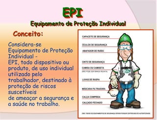 EPI

Equipamento de Proteção Individual

Conceito:
Considera-se
Equipamento de Proteção
Individual EPI, todo dispositivo ou
produto, de uso individual
utilizado pelo
trabalhador, destinado à
proteção de riscos
suscetíveis
de ameaçar a segurança e
a saúde no trabalho.

 
