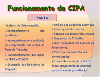 Funcionamento da CIPA
PAUTA
Análise dos acidentes ocorridos

Leitura da última reunião;
Acompanhamento

das

pendências;
 Acompanhamento e avaliação
do cumprimento das metas do
Plano de Trabalho;
 Acompanhamento das ações
do PPRA e PCMSO;
 Discussão dos Relatórios de
Inspeção;

e investigação das causas;

Estudos dos temas relacionados
à Segurança do Trabalho;
Ouvir propostas dos Cipeiros ou

funcionários;
Cobrar o cumprimento das
reivindicações;

Encaminhar reivindicações às
áreas competentes da empresa
para as devidas providências

 