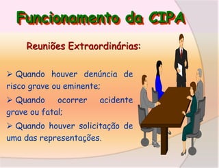 Funcionamento da CIPA
Reuniões Extraordinárias:
 Quando houver denúncia de
risco grave ou eminente;
 Quando
ocorrer
grave ou fatal;

acidente

 Quando houver solicitação de
uma das representações.

 