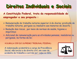 Direitos Individuais e Sociais
A Constituição Federal, trata da responsabilidade do
empregador e seu preposto :
 Remuneração do trabalho noturno superior à do diurno; proibição de
trabalho noturno, perigoso ou insalubre aos menores de dezoito;
 Redução dos riscos , por meio de normas de saúde, higiene e
segurança;
 Adicional de remuneração para as atividades penosas, insalubres ou
perigosas, na forma da lei;
SUMULA 299 DO SUPREMO TRIBUNAL FEDERAL:

A indenização acidentária a cargo da Previdência
Social, não exclui a do direito civil, em caso de
acidente do trabalho o corrido por culpa ou dolo.

 