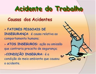 Acidente do Trabalho
Causas dos Acidentes
FATORES PESSOAIS DE
INSEGURANÇA: é causa relativa ao
comportamento humano;


ATOS INSEGUROS: ação ou omissão
que contraria preceito de segurança;


CONDIÇÃO

INSEGURA: é a
condição do meio ambiente que causou
o acidente.

 