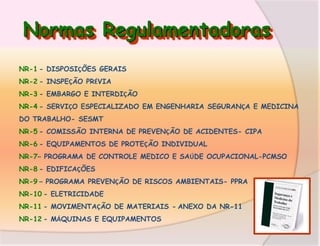 Normas Regulamentadoras
NR-1 - DISPOSIÇÕES GERAIS
NR-2 - INSPEÇÃO PRÉVIA
NR-3 - EMBARGO E INTERDIÇÃO
NR-4 - SERVIÇO ESPECIALIZADO EM ENGENHARIA SEGURANÇA E MEDICINA
DO TRABALHO- SESMT
NR-5 - COMISSÃO INTERNA DE PREVENÇÃO DE ACIDENTES- CIPA

NR-6 - EQUIPAMENTOS DE PROTEÇÃO INDIVIDUAL
NR-7– PROGRAMA DE CONTROLE MEDICO E SAÚDE OCUPACIONAL-PCMSO
NR-8 - EDIFICAÇÕES
NR-9 – PROGRAMA PREVENÇÃO DE RISCOS AMBIENTAIS- PPRA
NR-10 - ELETRICIDADE
NR-11 - MOVIMENTAÇÃO DE MATERIAIS - ANEXO DA NR-11
NR-12 - MÁQUINAS E EQUIPAMENTOS

 