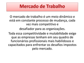 O mercado de trabalho é um meio dinâmico e
está em constante processo de mudança, cada
vez mais competitivo e
desafiador para as organizações.
Toda essa competitividade e mutabilidade exige
que as empresas tenham em seu quadro de
funcionários profissionais mais habilidosos e
capacitados para enfrentar os desafios impostos
pelo mercado.

 