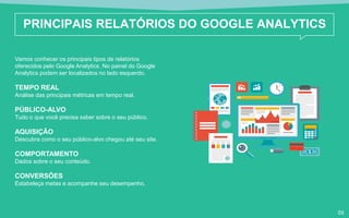 Vamos conhecer os principais tipos de relatórios
oferecidos pelo Google Analytics. No painel do Google
Analytics podem ser localizados no lado esquerdo.
TEMPO REAL
Análise das principais métricas em tempo real.
PÚBLICO-ALVO
Tudo o que você precisa saber sobre o seu público.
AQUISIÇÃO
Descubra como o seu público-alvo chegou até seu site.
COMPORTAMENTO
Dados sobre o seu conteúdo.
CONVERSÕES
Estabeleça metas e acompanhe seu desempenho.
PRINCIPAIS RELATÓRIOS DO GOOGLE ANALYTICS
03
 