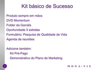 Kit básico de Sucesso Produto sempre em mãos DVD Momentum Folder da Garrafa Oportunidade 5 estrelas Formulário: Pesquisa de Qualidade de Vida Agenda de reuniões Adicione também : Kit Pré-Pago Demonstrativo do Plano de Marketing 