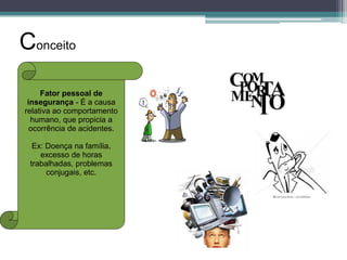 Conceito
Fator pessoal de
insegurança - É a causa
relativa ao comportamento
humano, que propicia a
ocorrência de acidentes.
Ex: Doença na família,
excesso de horas
trabalhadas, problemas
conjugais, etc.

 
