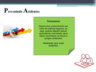 Prevenindo Acidentes
Treinamento
Desenvolve conhecimento por
meio de práticas seguras, ou
seja, quando alguém estiver
aprendendo uma tarefa, deve
saber reconhecer os riscos e
perigos existentes;
Habilidade para evitar
acidentes.

 