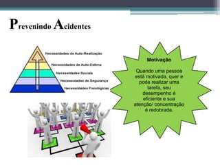 Prevenindo Acidentes
Motivação
Quando uma pessoa
está motivada, quer e
pode realizar uma
tarefa, seu
desempenho é
eficiente e sua
atenção/ concentração
é redobrada.

 