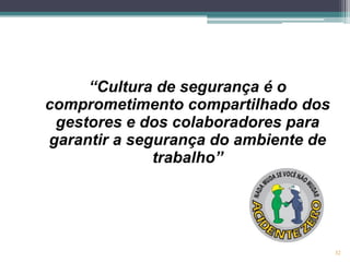 “Cultura de segurança é o
comprometimento compartilhado dos
gestores e dos colaboradores para
garantir a segurança do ambiente de
trabalho”

32

 