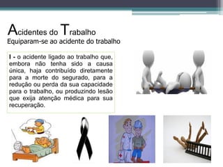 Acidentes do Trabalho

Equiparam-se ao acidente do trabalho
I - o acidente ligado ao trabalho que,
embora não tenha sido a causa
única, haja contribuído diretamente
para a morte do segurado, para a
redução ou perda da sua capacidade
para o trabalho, ou produzindo lesão
que exija atenção médica para sua
recuperação.

 