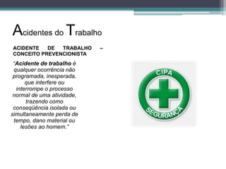 Acidentes do Trabalho
ACIDENTE
DE
TRABALHO
CONCEITO PREVENCIONISTA

“Acidente de trabalho é
qualquer ocorrência não
programada, inesperada,
que interfere ou
interrompe o processo
normal de uma atividade,
trazendo como
conseqüência isolada ou
simultaneamente perda de
tempo, dano material ou
lesões ao homem.”

–

 