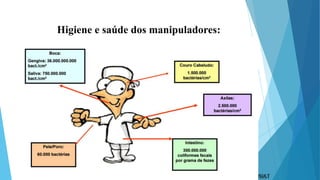 Higiene e saúde dos manipuladores:
 