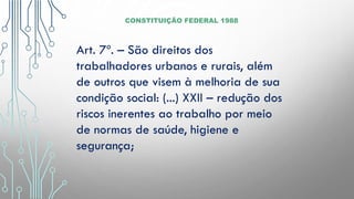 CONSTITUIÇÃO FEDERAL 1988
Art. 7º. – São direitos dos
trabalhadores urbanos e rurais, além
de outros que visem à melhoria de sua
condição social: (...) XXII – redução dos
riscos inerentes ao trabalho por meio
de normas de saúde, higiene e
segurança;
 
