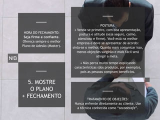 5. MOSTRE
O PLANO
+ FECHAMENTO
• Não perca muito tempo explicando
características (dos produtos, por exemplo),
pois as pessoas compram benefícios.
HORA DO FECHAMENTO:
Seja firme e confiante.
Ofereça sempre o melhor
Plano de Adesão (Master).
TRATAMENTO DE OBJEÇÕES:
Nunca enfrente diretamente ao cliente. Use
a técnica conhecida como “socodecafe”.
POSTURA:
• Venda-se primeiro, com boa apresentação,
postura e atitude (seja seguro, calmo,
atencioso e firme). Você está na melhor
empresa e deve se apresentar de acordo:
sinta-se o melhor. Quanto mais comunicar isso,
menos objeções surgirão e mais fácil será
atingir a meta.
 