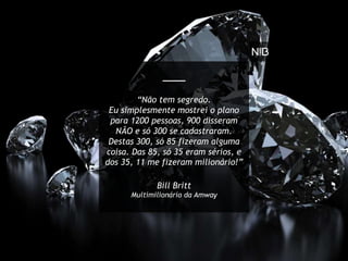 “Não tem segredo.
Eu simplesmente mostrei o plano
para 1200 pessoas, 900 disseram
NÃO e só 300 se cadastraram.
Destas 300, só 85 fizeram alguma
coisa. Das 85, só 35 eram sérios, e
dos 35, 11 me fizeram milionário!”
Bill Britt
Multimilionário da Amway
 