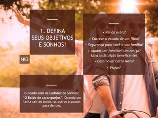 • Renda extra?
• Segurança para você e sua família?
• Custear o estudo de um filho?
• Casa nova? Carro Novo?
• Ajudar um familiar? Um amigo?
Uma instituição beneficente?
• Viajar?
Cuidado com os Ladrões de sonhos:
“O Balde de caranguejos”: Quando um
tenta sair do balde, os outros o puxam
para dentro.
1. DEFINA
SEUS OBJETIVOS
E SONHOS!
 