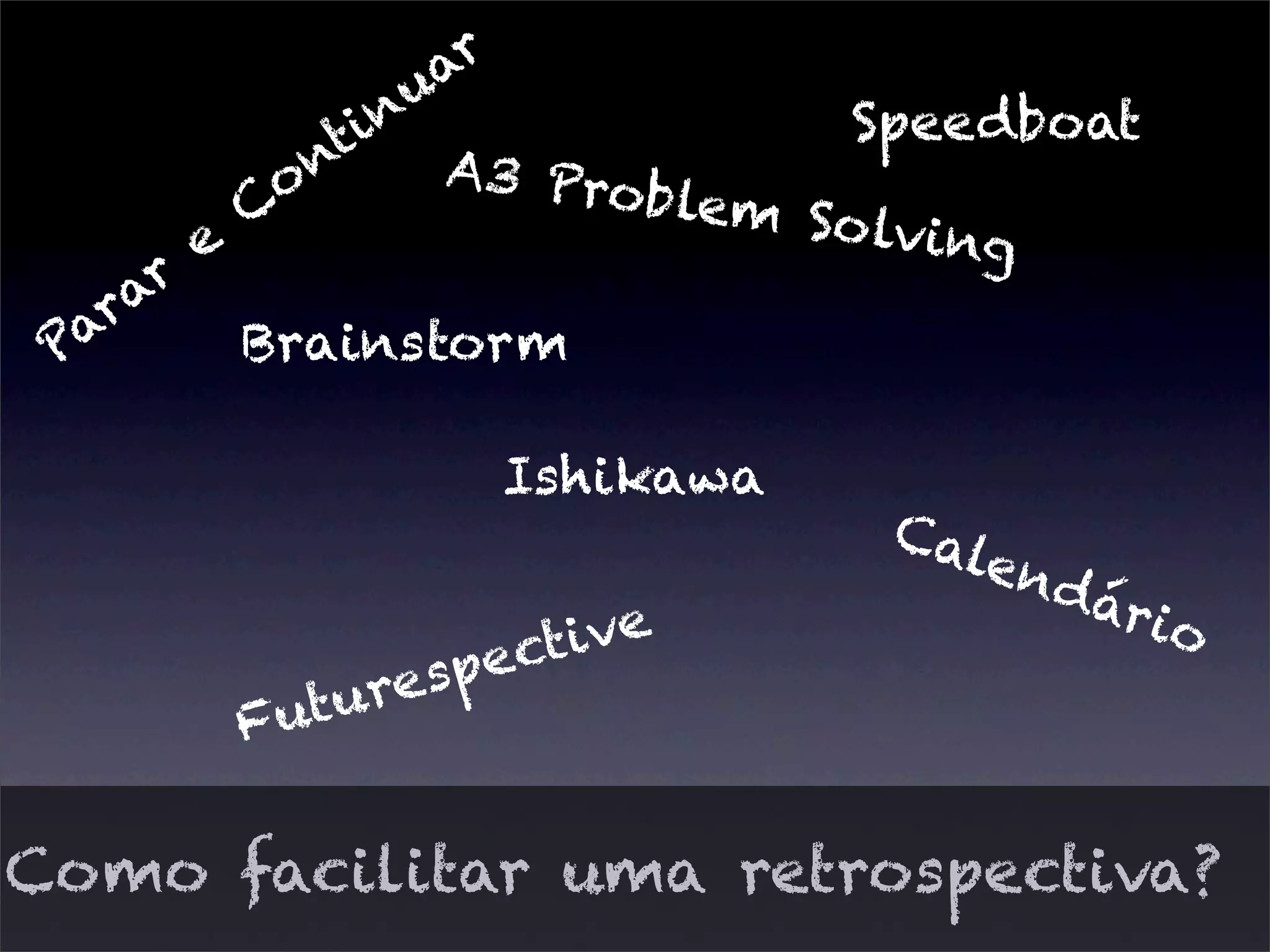 Como facilitar uma retrospectiva?
Parar
e
Continuar
Speedboat
Calendário
Futurespective
Brainstorm
Ishikawa
A3 Problem Solving
