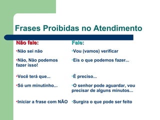 Frases Proibidas no Atendimento
Não fale:Não fale: Fale:Fale:
Não sei não Vou (vamos) verificar
Não, Não podemos
fazer isso!
Eis o que podemos fazer...
Você terá que... É preciso...
Só um minutinho... O senhor pode aguardar, vou
precisar de alguns minutos...
Iniciar a frase com NÃO Surgira o que pode ser feito
 