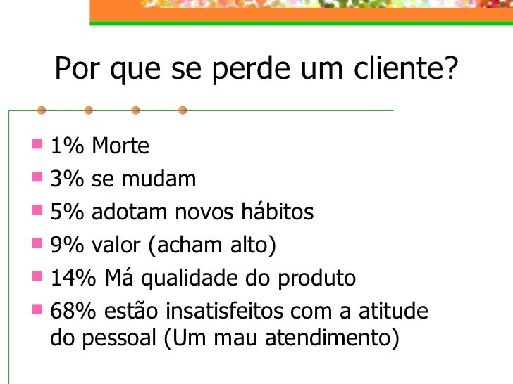 Por que se perde um cliente? </p>
<ul>
<li>1% Morte </li>
</ul>
<ul>
<li>3% se mudam </li>
</ul>
<ul>
<li>5% adotam novos hábitos </li...