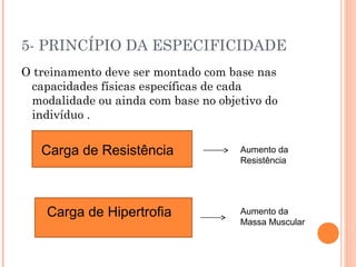 5- PRINCÍPIO DA ESPECIFICIDADE
O treinamento deve ser montado com base nas
 capacidades físicas específicas de cada
 modalidade ou ainda com base no objetivo do
 indivíduo .


   Carga de Resistência              Aumento da
                                     Resistência




    Carga de Hipertrofia             Aumento da
                                     Massa Muscular
 