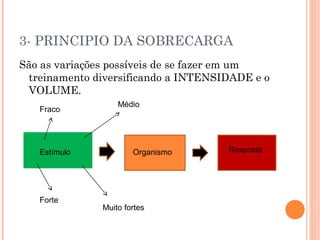 3- PRINCIPIO DA SOBRECARGA
São as variações possíveis de se fazer em um
 treinamento diversificando a INTENSIDADE e o
 VOLUME.
                   Médio
   Fraco




   Estímulo            Organismo     Resposta




   Forte
               Muito fortes
 