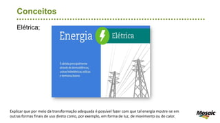Elétrica;
Conceitos
Explicar que por meio da transformação adequada é possível fazer com que tal energia mostre-se em
outras formas finais de uso direto como, por exemplo, em forma de luz, de movimento ou de calor.
 