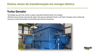Outros meios de transformação em energia elétrica
Turbo Gerador
Tecnologia que permite utilizar o vapor saturado transformando em energia.
Até bem pouco tempo este tipo de vapor não possuía aplicação direta e até hoje é tratado como resíduo de
processo, sendo descartado na atmosfera por diversas empresas.
 