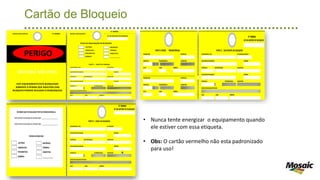 Cartão de Bloqueio
MOSAICFERTILIZANTES MOSAICFERTILIZANTES
Nº DA MATRIZ DE BLOQUEIO
SOLICITANTEDOBLOQUEIO EMPRESA
MATRÍCULA TELEFONE/RAMAL
EMPRESA
ASSINATURA
Nº DA MATRIZ DE BLOQUEIO
EMPRESA
MATRÍCULA TELEFONE/RAMAL
EMPRESA
ASSINATURA
EXECUTANTEDOBLOQUEIO
INFORMOQUEFOIREALIZADOTESTEDEENERGIARESIDUAL
EXECUTANTEDOBLOQUEIOASSINATURA:______________________
SOLICITANTEDOBLOQUEIOASSINATURA:______________________
ENERGIABLOQUEADA
DATA HORA GERÊNCIA
MATRICULA TELEFONE/RAMAL
RAZÃODOBLOQUEIO/ATIVIDADE
N° 0000001
EQUIPAMENTO/TAQ NºCADEADO
ASSINATURA
SOLICITANTEDOBLOQUEIO
N° 0000001
ESTE EQUIPAMENTOESTÁ BLOQUEADO.
SOMENTE A PESSOA QUE SOLICITOU ESSE
BLOQUEIOPODERÁ REALIZAR ODESBLOQUEIO.
NÃO MEXA. NÃO OPERE.
PARTE 1 - FONTE DE ENERGIA
EQUIPAMENTO/TAQ NºCADEADO
RAZÃODOBLOQUEIO/ATIVIDADE
ASSINATURA
MATRICULA TELEFONE/RAMAL
N° 0000001
FICHA DESINALIZAÇÃO DEBLOQUEIO
PARTE 2 - CAIXA DE BLOQUEIO
EXECUTANTEDOBLOQUEIO
DATA HORA GERÊNCIA
PERIGO
ELÉTRICA
HIDRÁULICA
PNEUMÁTICA
MECÂNICA
TÉRMICA
RADIOTIVA
QUÍMICA ____________
ELÉTRICA
HIDRÁULICA
PNEUMÁTICA
MECÂNICA
TÉRMICA
RADIOTIVA
QUÍMICA ____________
ASSINATURA
Nº DA MATRIZ DE BLOQUEIO
RECEBIDOPOR MATRÍCULA
MATRICULA TELEFONE/RAMAL ASSINATURA EMPRESA
DATA HORA GERÊNCIA MATRÍCULA TELEFONE/RAMAL
EMPRESA
RECEBIDOPOR MATRÍCULA
ASSINATURA
MATRICULA TELEFONE/RAMAL ASSINATURA
DATA HORA GERÊNCIA
PARTE 3VERSO - TRANSFERÊNCIA
RAZÃODOBLOQUEIO/ATIVIDADE
DATA HORA GERÊNCIA
MATRICULA TELEFONE/RAMAL
ASSINATURA
SOLICITANTEDOBLOQUEIO
EQUIPAMENTO/TAQ NºCADEADOAMARELO
EXECUTANTEDOBLOQUEIO
PARTE 3 - SOLICITANTE DO BLOQUEIO
DATA HORA GERÊNCIA
MATRICULA TELEFONE/RAMAL
RAZÃODOBLOQUEIO/ATIVIDADE
N°0000001
PNEUMÁTICA RADIOTIVA
QUÍMICA ____________
MOSAIC FERTILIZANTES MOSAIC FERTILIZANTES
Nº DA MATRIZ DE BLOQUEIO
SOLICITANTEDOBLOQUEIO EMPRESA
MATRÍCULA TELEFONE/RAMAL
EMPRESA
ASSINATURA
Nº DA MATRIZ DE BLOQUEIO
EMPRESA
MATRÍCULA TELEFONE/RAMAL
EMPRESA
ASSINATURA
Nº DA MATRIZ DE BLOQUEIO
RECEBIDOPOR MATRÍCULA
MATRICULA TELEFONE/RAMAL ASSINATURA EMPRESA
DATA HORA GERÊNCIA MATRÍCULA TELEFONE/RAMAL
EMPRESA
PARTE 3 VERSO - TRANSFERÊNCIA
ASSINATURA
SOLICITANTEDOBLOQUEIO
EQUIPAMENTO/ TAQ Nº CADEADOAMARELO
EXECUTANTEDOBLOQUEIO
EXECUTANTEDOBLOQUEIO
INFORMO QUE FOI REALIZADO TESTE DE ENERGIA RESIDUAL
EXECUTANTE DO BLOQUEIO ASSINATURA: ______________________
SOLICITANTE DO BLOQUEIO ASSINATURA: ______________________
ENERGIA BLOQUEADA
PARTE 3 - SOLICITANTE DO BLOQUEIO
DATA HORA GERÊNCIA
MATRICULA TELEFONE/RAMAL
RAZÃODOBLOQUEIO/ATIVIDADE
N° 0000001
EQUIPAMENTO/ TAQ Nº CADEADO
ASSINATURA
SOLICITANTEDOBLOQUEIO
N° 0000001
ESTE EQUIPAMENTO ESTÁ BLOQUEADO.
SOMENTE A PESSOA QUE SOLICITOU ESSE
BLOQUEIO PODERÁ REALIZAR O DESBLOQUEIO.
NÃO MEXA. NÃO OPERE.
PARTE 1 - FONTE DE ENERGIA
EQUIPAMENTO/ TAQ Nº CADEADO
RAZÃODOBLOQUEIO/ATIVIDADE
ASSINATURA
MATRICULA TELEFONE/RAMAL
N° 0000001
N° 0000001
FICHA DE SINALIZAÇÃO DE BLOQUEIO
PARTE 2 - CAIXA DE BLOQUEIO
EXECUTANTEDOBLOQUEIO
DATA HORA GERÊNCIA
PERIGO
ELÉTRICA
HIDRÁULICA
PNEUMÁTICA
MECÂNICA
TÉRMICA
RADIOTIVA
QUÍMICA ____________
ELÉTRICA
HIDRÁULICA
PNEUMÁTICA
MECÂNICA
TÉRMICA
RADIOTIVA
QUÍMICA ____________
• Nunca tente energizar o equipamento quando
ele estiver com essa etiqueta.
• Obs: O cartão vermelho não esta padronizado
para uso!
 