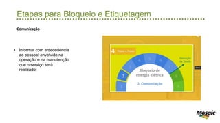Etapas para Bloqueio e Etiquetagem
Comunicação
• Informar com antecedência
ao pessoal envolvido na
operação e na manutenção
que o serviço será
realizado.
 