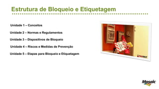 Unidade 1 – Conceitos
Unidade 3 – Dispositivos de Bloqueio
Unidade 4 – Riscos e Medidas de Prevenção
Unidade 5 – Etapas para Bloqueio e Etiquetagem
Unidade 2 – Normas e Regulamentos
Estrutura de Bloqueio e Etiquetagem
 