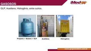 GASOSOS:
GLP, Acetileno, Hidrogênio, entre outros.
Propano + Butano = GLP Acetileno Hidrogênio
 