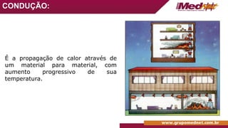 CONDUÇÃO:
É a propagação de calor através de
um material para material, com
aumento progressivo de sua
temperatura.
 